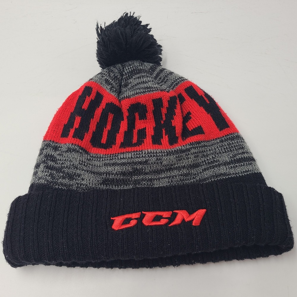 CCM Hat Beanie Red Gray Black Hockey Pom Cuffed Winter Knit Stocking Cap Men